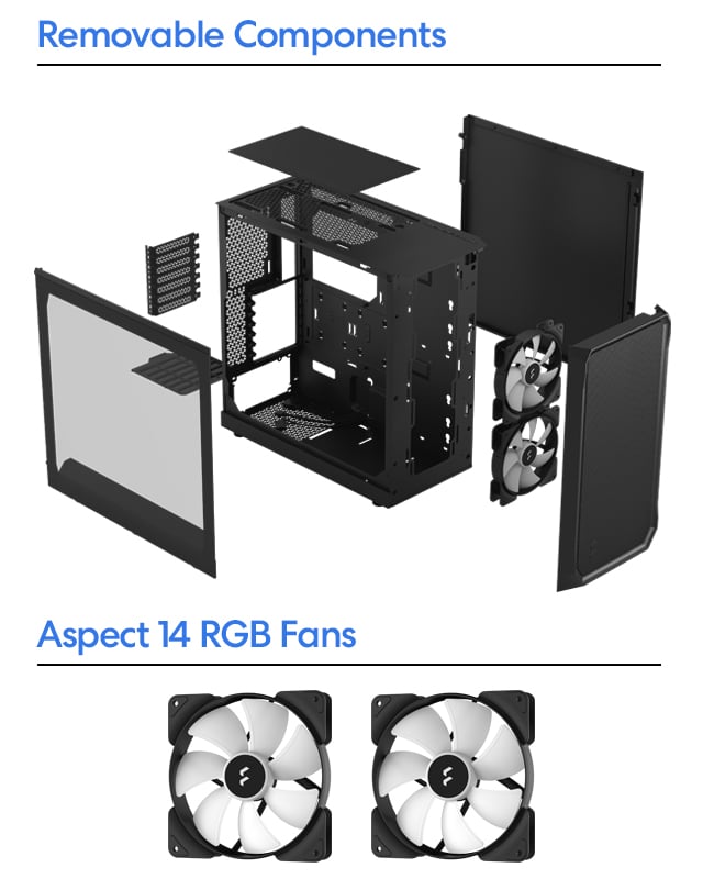 All components are separately displayed and three Aspect 12 fans are on display.